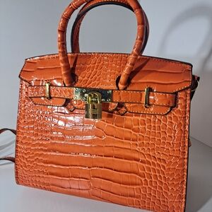 Luxury Birkin Orange Crocodile Embossed Handbag